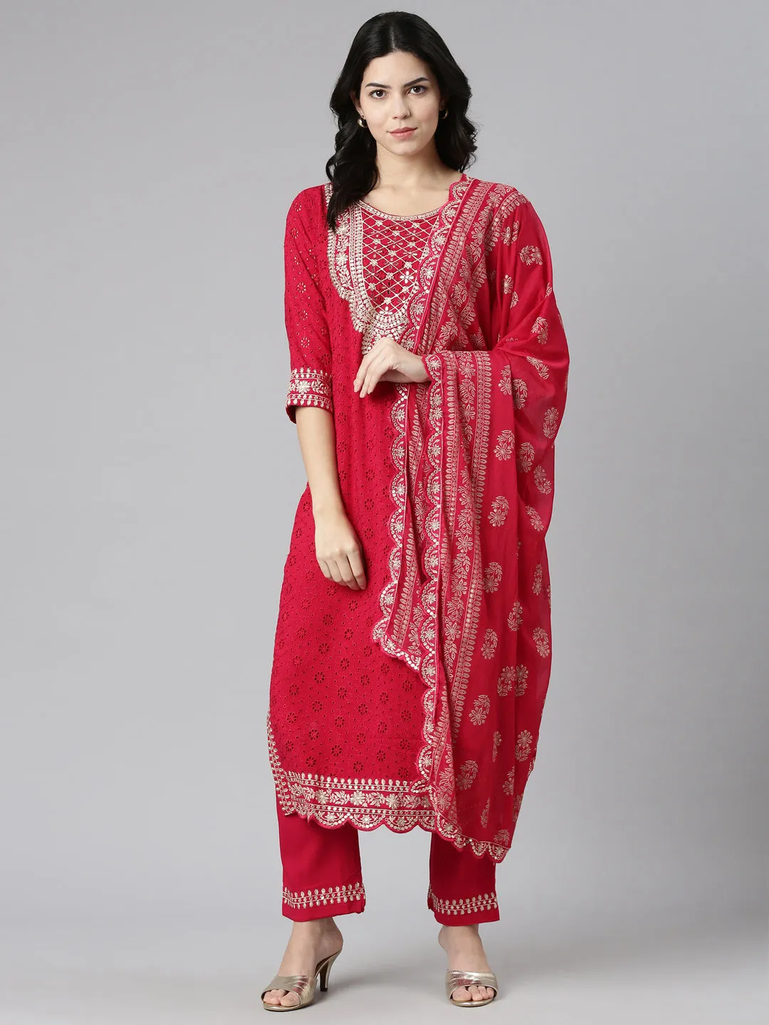 Neeru's Pink Regular Straight Solid Kurta And Trousers With Dupatta