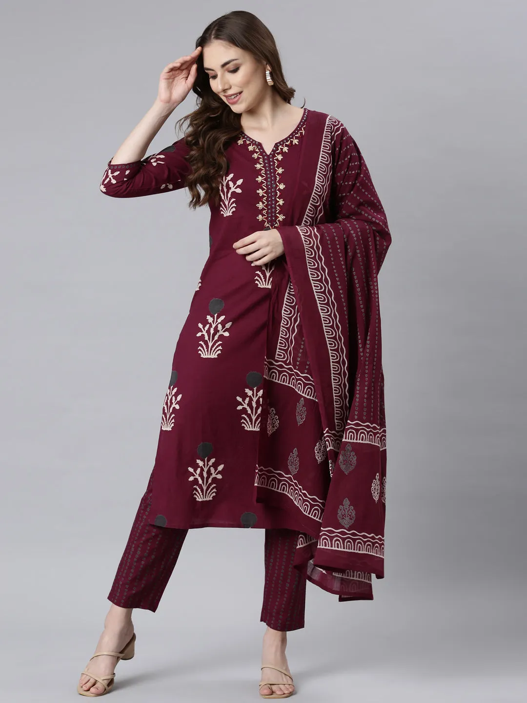 Neerus Wine Panelled Straight Floral Kurta And Trousers With Dupatta