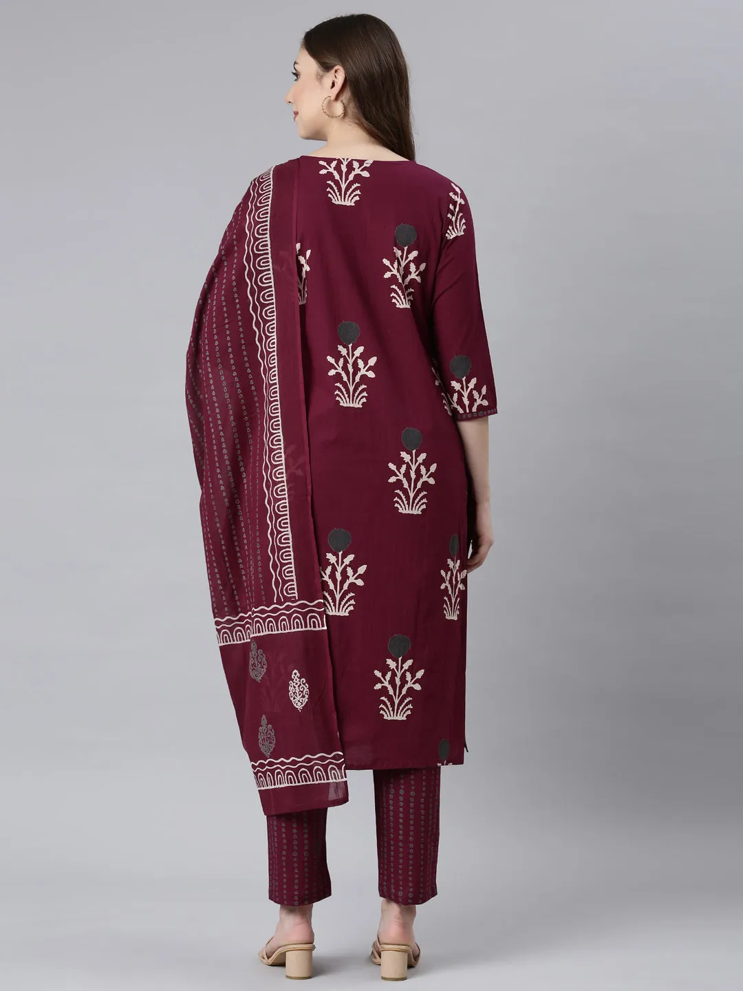 Neerus Wine Panelled Straight Floral Kurta And Trousers With Dupatta