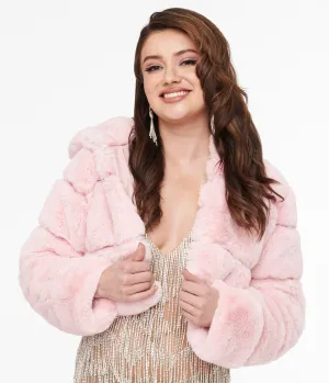 Pink Faux Fur Puffer Crop Jacket