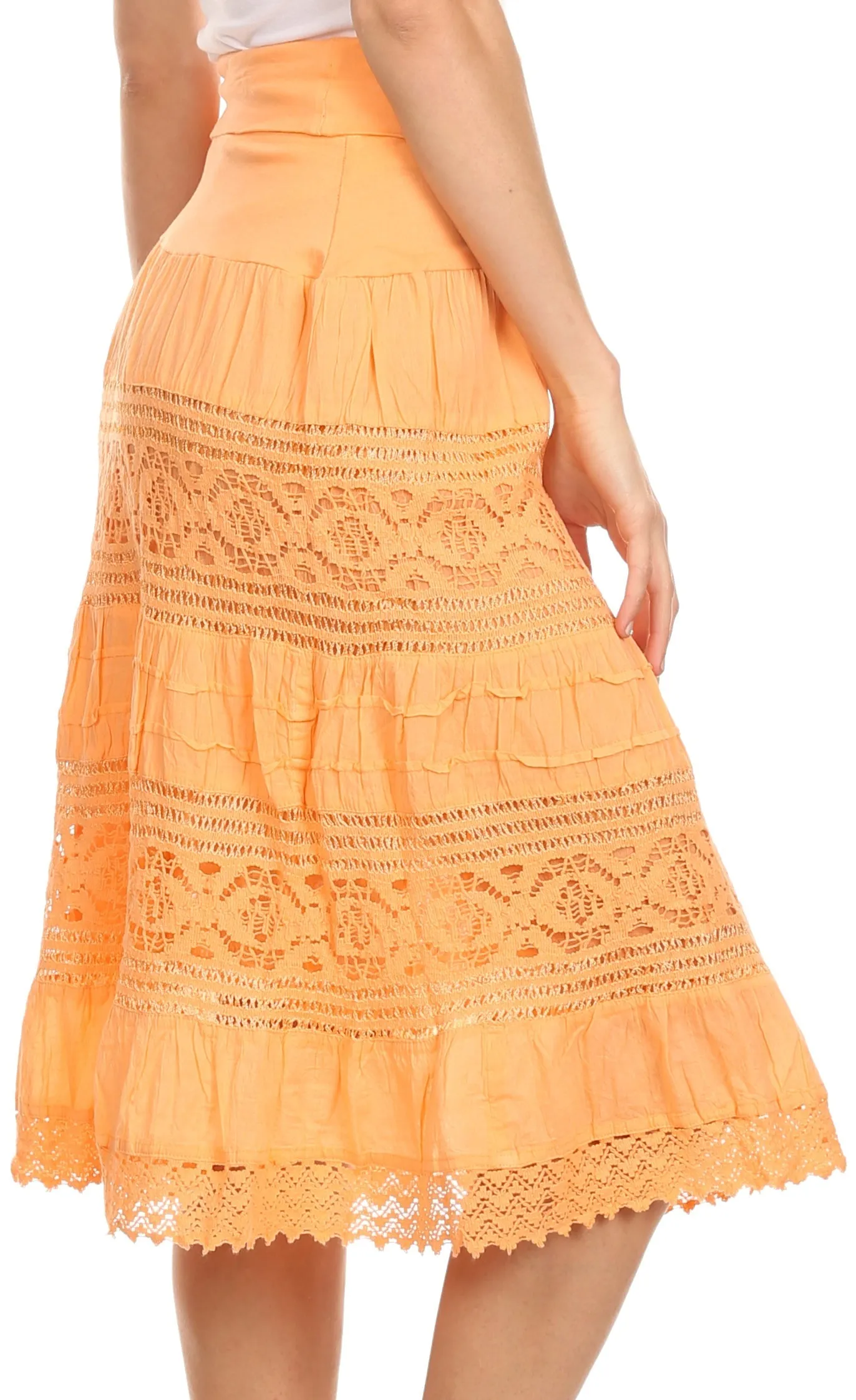 Sakkas Stephanie Crochet Lace Knee-Length Cotton Skirt with Fold-Over Waistband