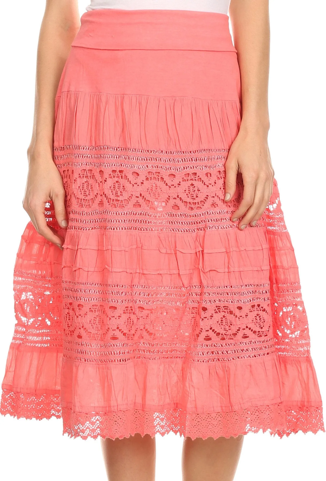 Sakkas Stephanie Crochet Lace Knee-Length Cotton Skirt with Fold-Over Waistband