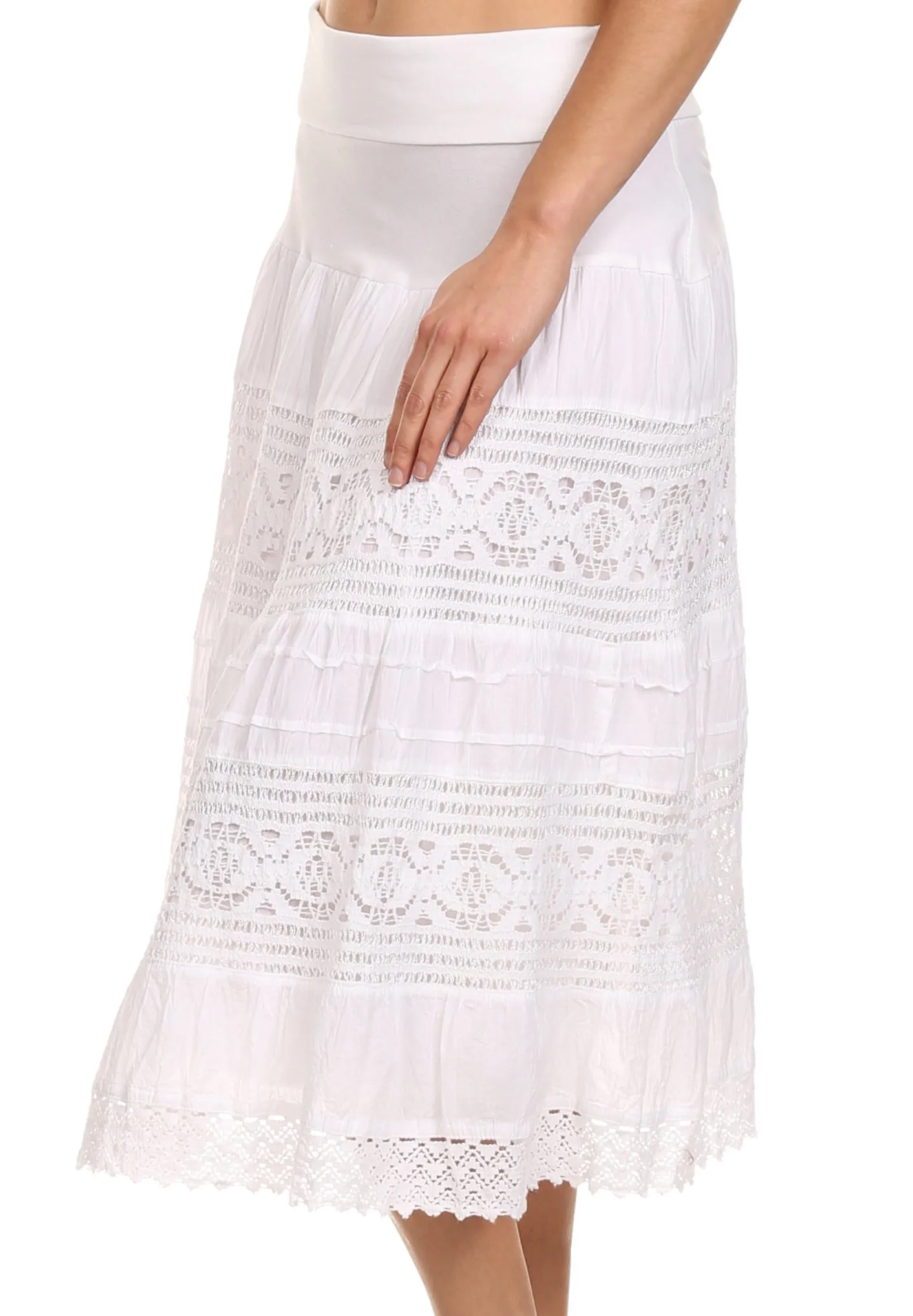 Sakkas Stephanie Crochet Lace Knee-Length Cotton Skirt with Fold-Over Waistband