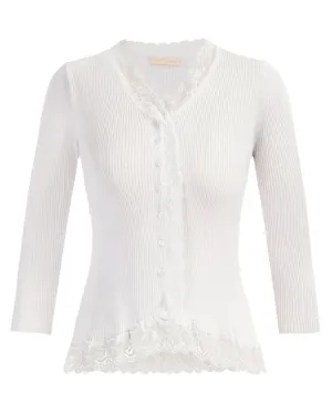 Seckill Offer⌛Lace Patchwork Cardigan Sweater 3/4 Sleeve V-Neck Button-up Knitwear