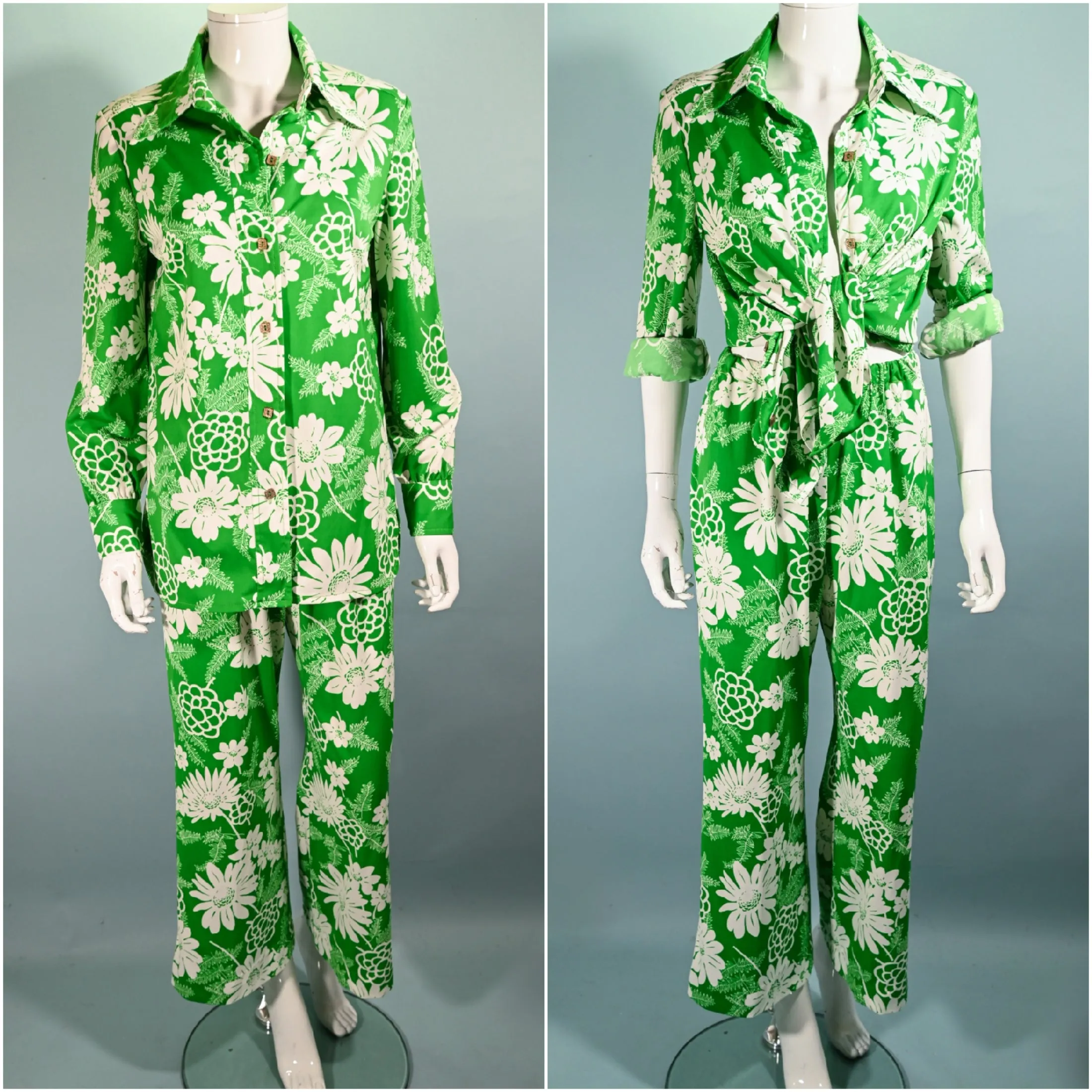 SOLD Vintage 70s 2 Piece Pant Suit, Bright Flower Print Polyester Suit