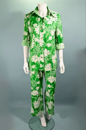 SOLD Vintage 70s 2 Piece Pant Suit, Bright Flower Print Polyester Suit