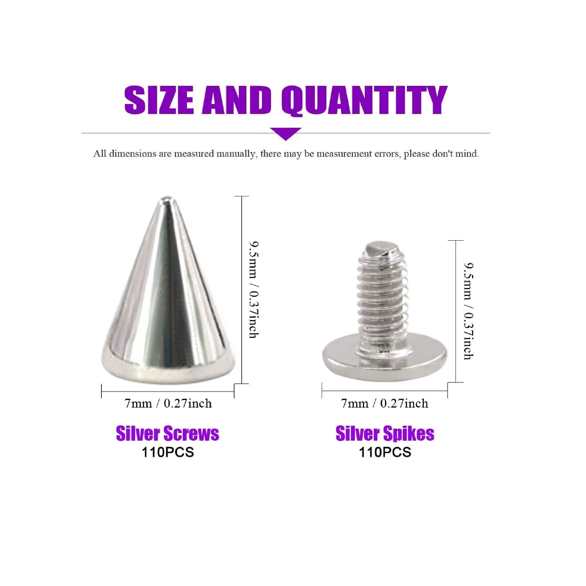 Swpeet 110 Pairs Sliver 7mm x 9.5mm Bullet Cone Spike and Stud Metal Screw Back for DIY Leather Craft Cool Rivets Punk Stud Coincal Layer