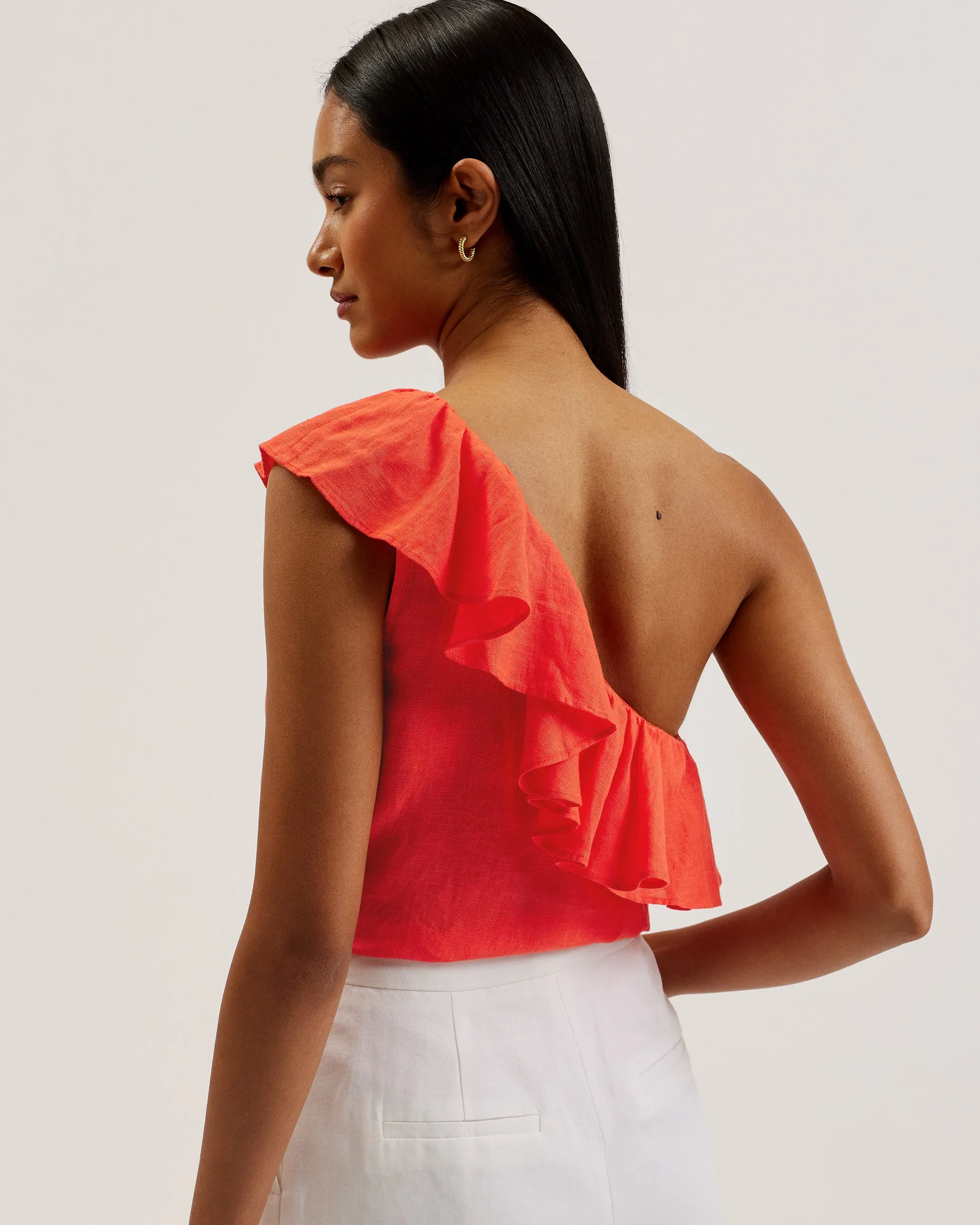 Symi Linen Ruffle One Shoulder Top Red