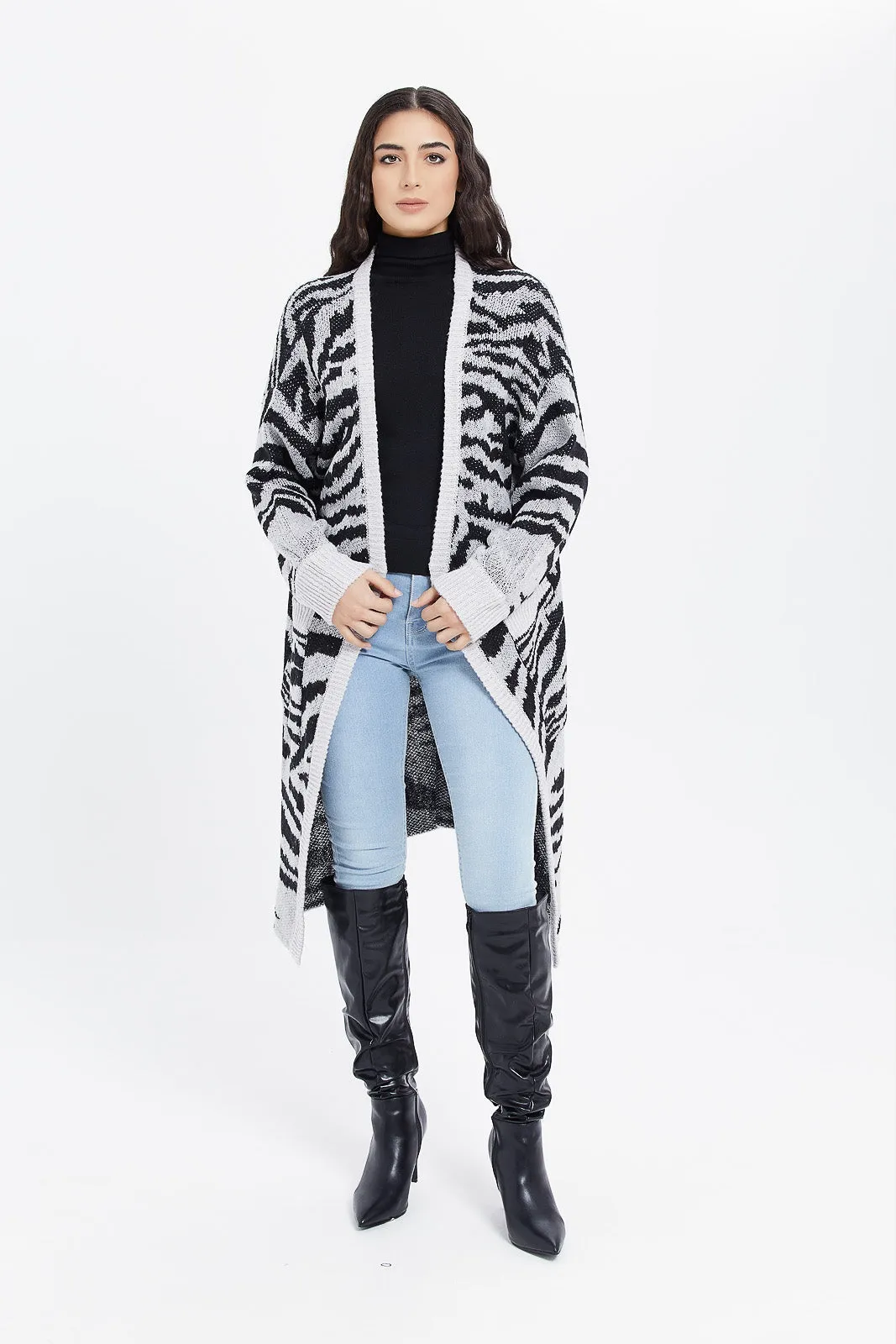 Women Animal White And Black Knitted Longline Cardigan