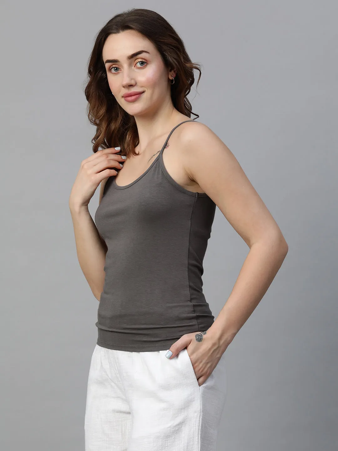 Women's Grey Cotton Bamboo Elastane Slim Fit Vest