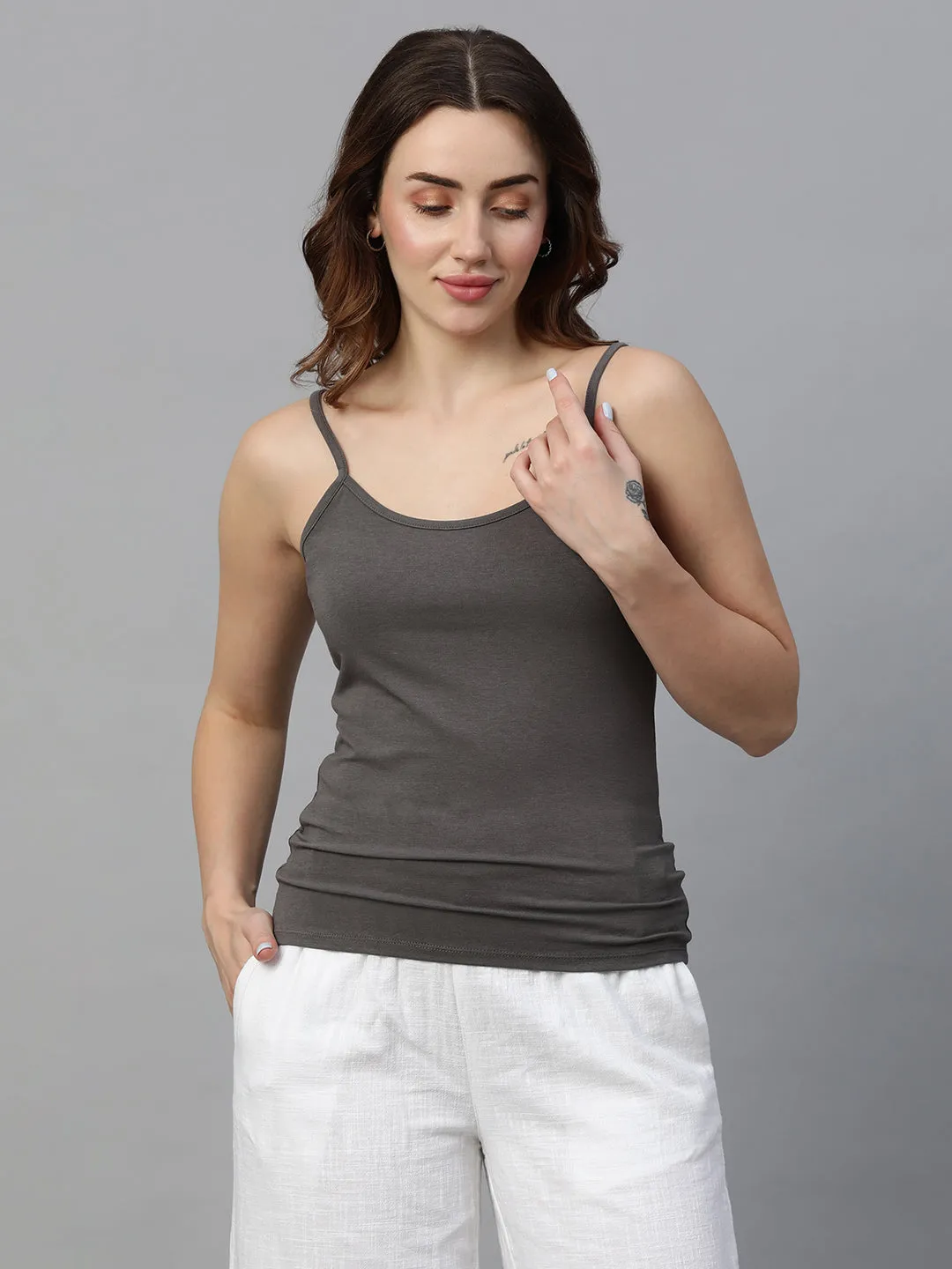 Women's Grey Cotton Bamboo Elastane Slim Fit Vest